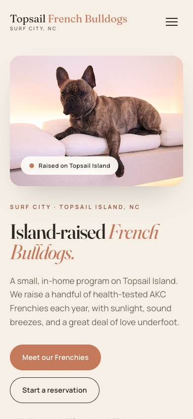 Topsail French Bulldogs demo site on a phone screen