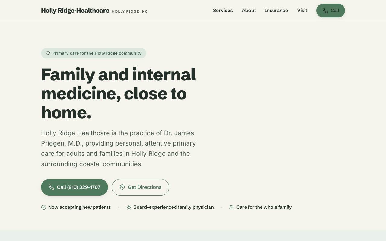 Homepage of the Holly Ridge Healthcare demo site