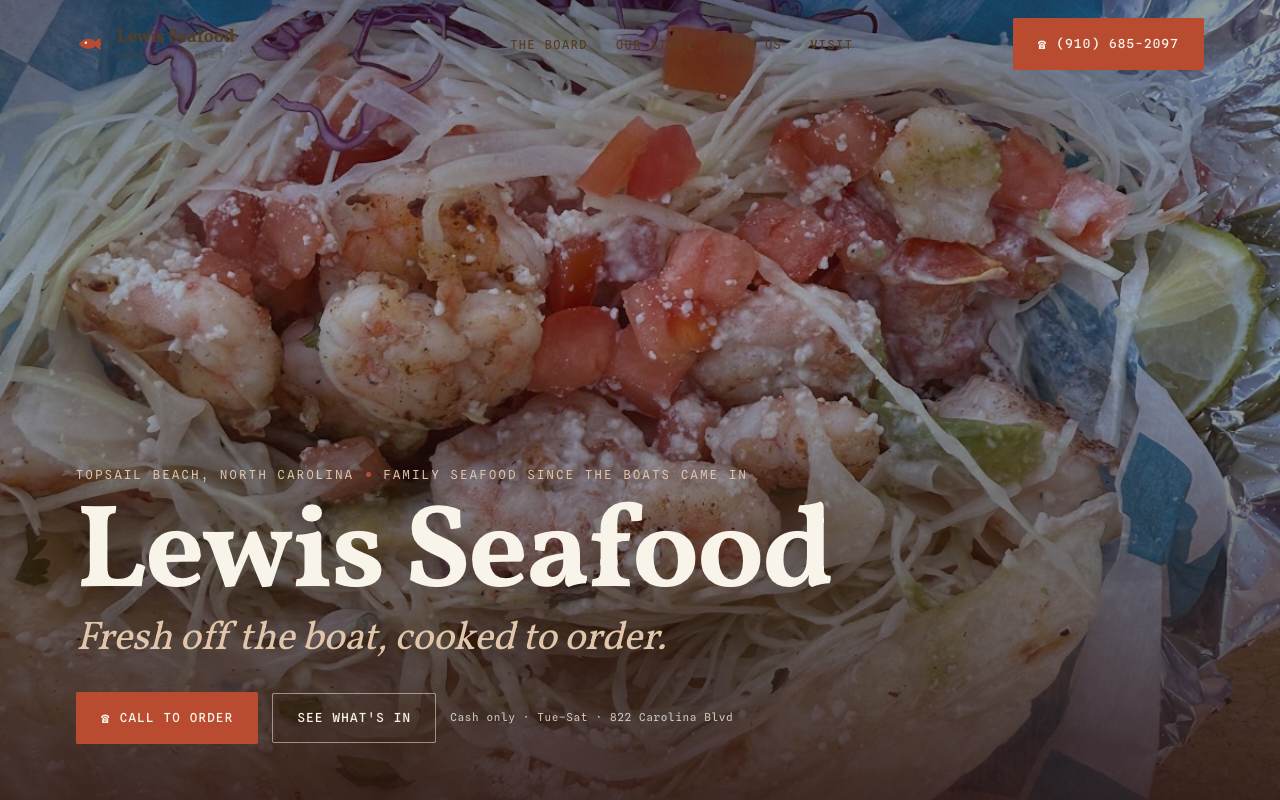 Homepage of the Lewis Seafood Shack demo site