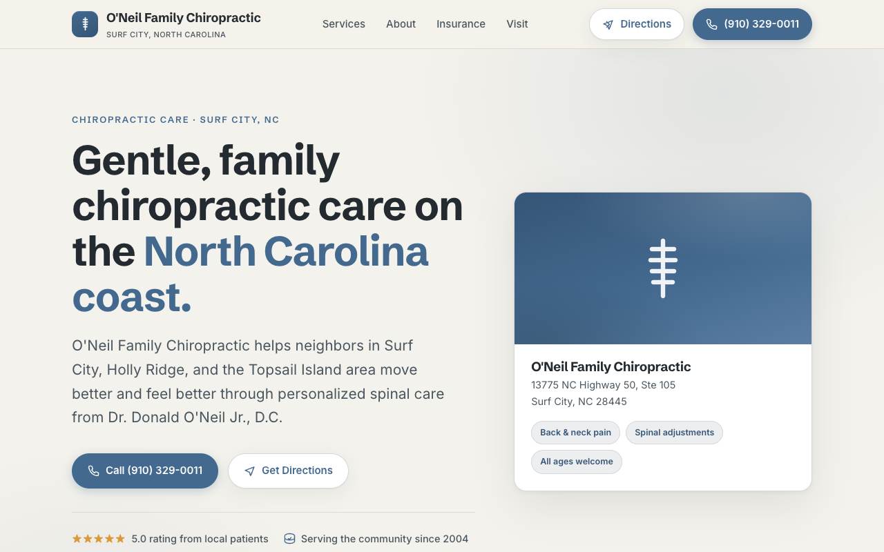 Homepage of the O'Neil Family Chiropractic demo site