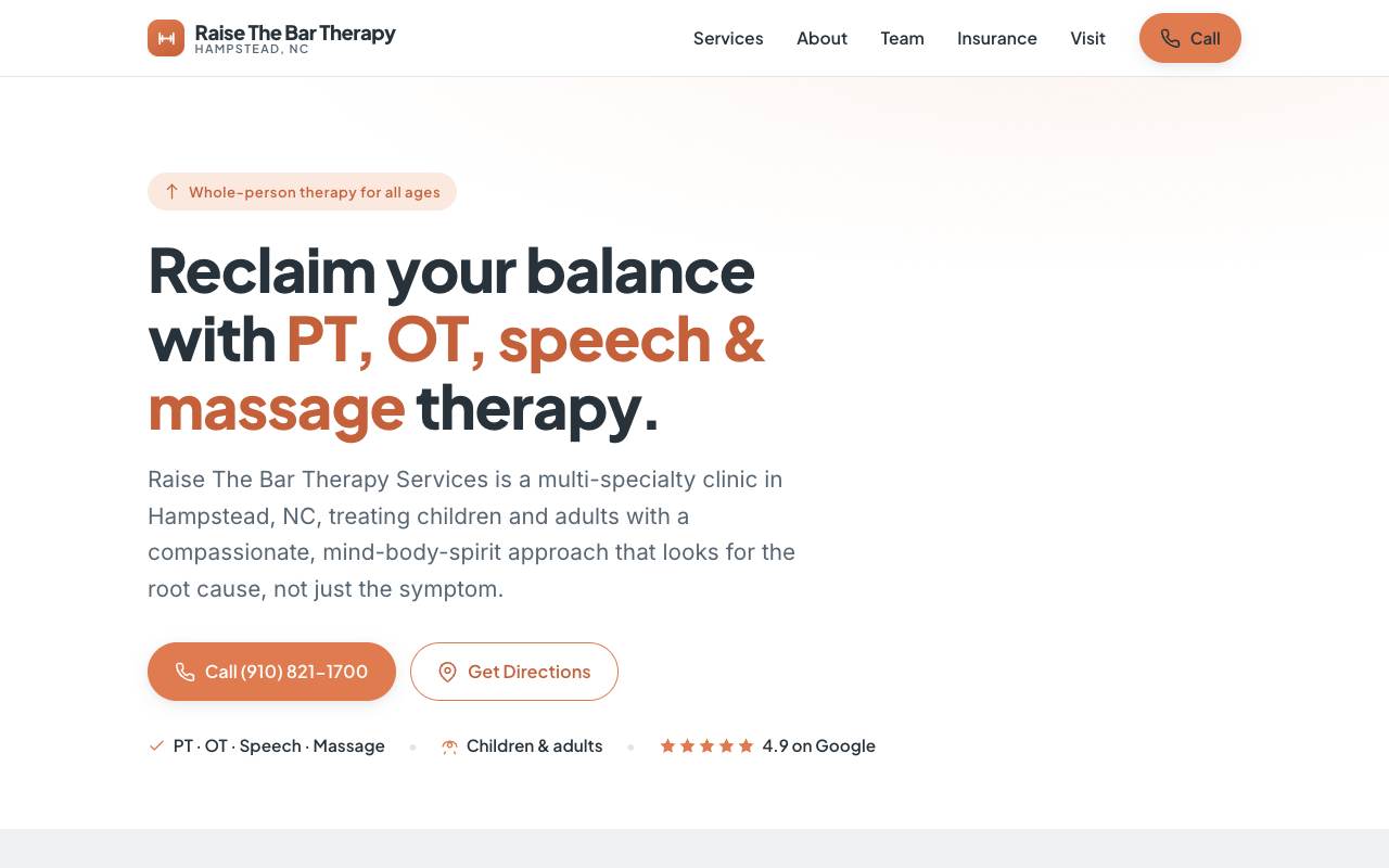 Homepage of the Raise The Bar Therapy demo site