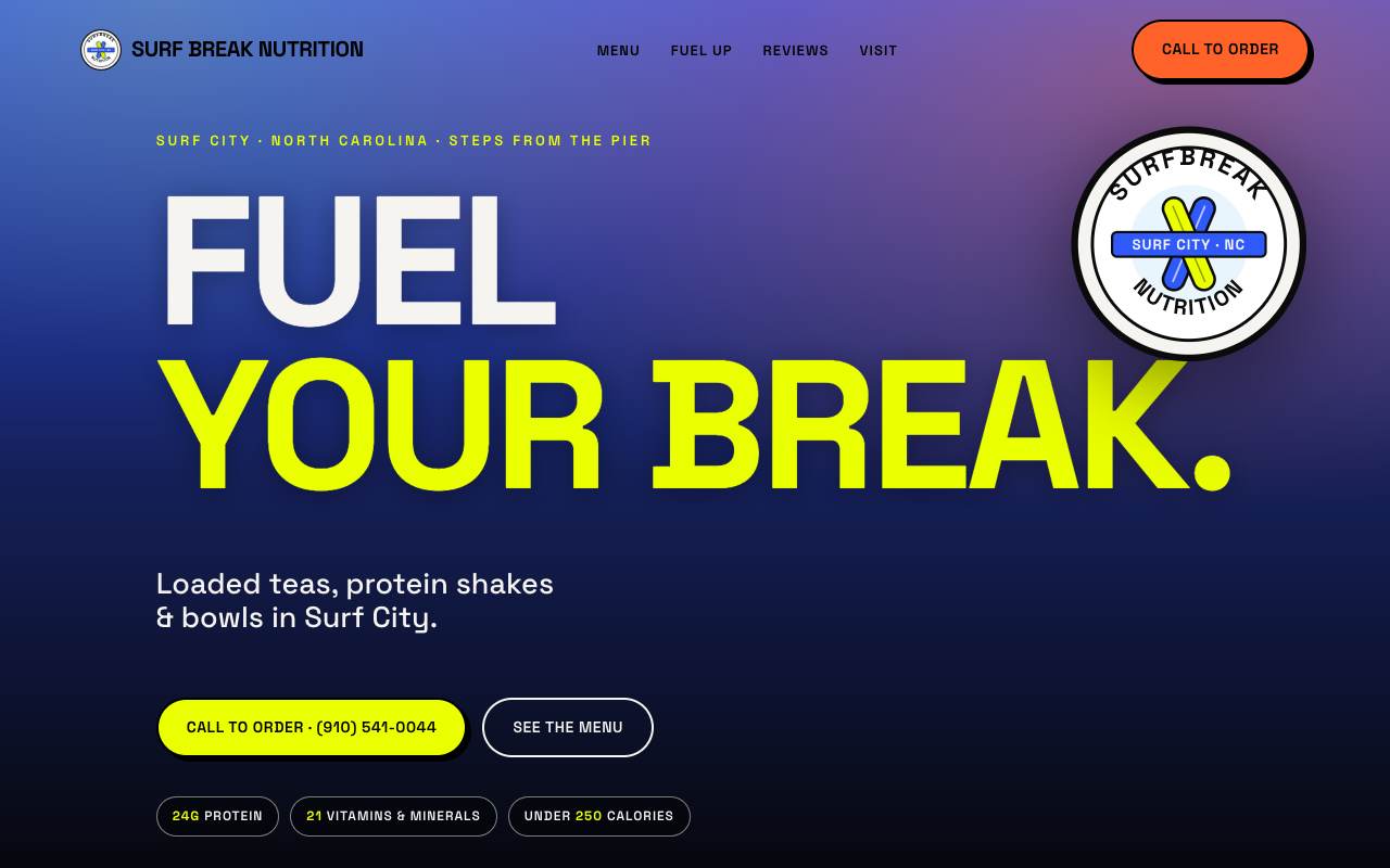 Homepage of the Surf Break Nutrition demo site